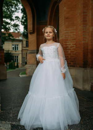 Long Sleeves Beaded Ivory Lace Tulle Flower Girl Dress